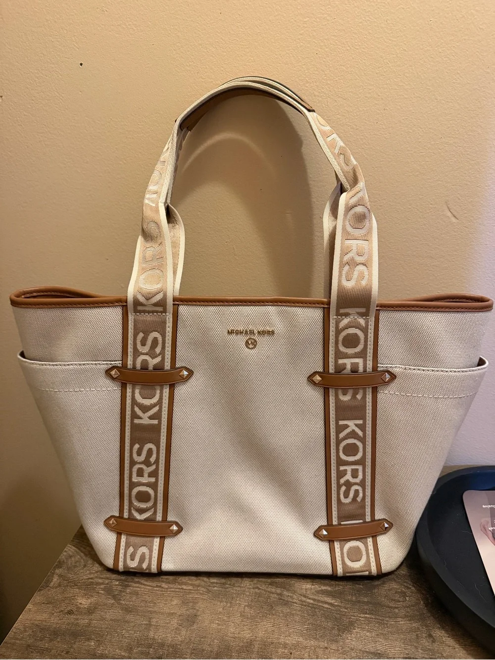 Michael Kors Cream Canvas Tote with Tan Logo Straps